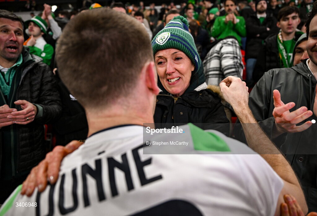 26 March 2026; Republic of Ireland's Jimmy Dunne is consoled by his mother Sharon following their penalty shootout defeat in the FIFA World Cup 2026 European Qualifiers play-off semi-final match between Czechia and Republic of Ireland at Fortuna Arena in Prague, Czechia. Photo by Stephen McCarthy/Sportsfile