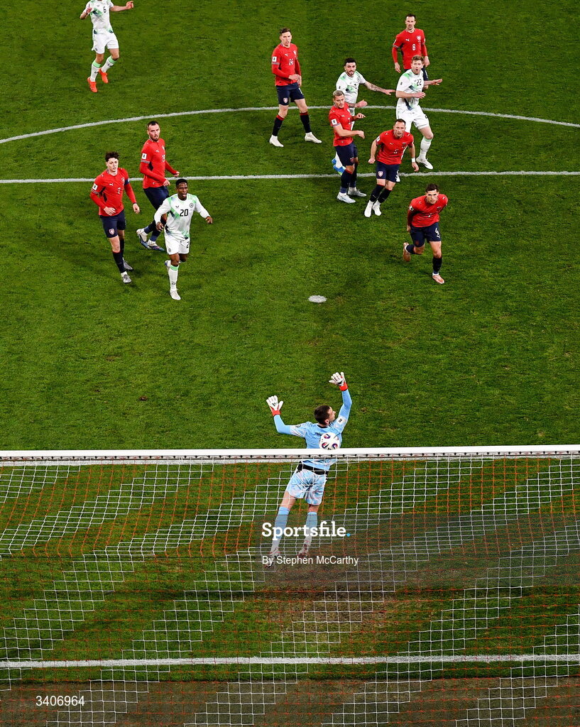 26 March 2026; Nathan Collins of Republic of Ireland, 22, watches his shot on goal come off the cross bar during the FIFA World Cup 2026 European Qualifiers play-off semi-final match between Czechia and Republic of Ireland at Fortuna Arena in Prague, Czechia.  Photo by Stephen McCarthy/Sportsfile