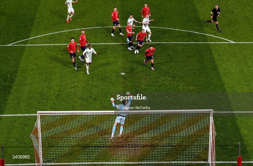 26 March 2026; Nathan Collins of Republic of Ireland, 22, watches his shot on goal come off the cross bar during the FIFA World Cup 2026 European Qualifiers play-off semi-final match between Czechia and Republic of Ireland at Fortuna Arena in Prague, Czechia.  Photo by Stephen McCarthy/Sportsfile