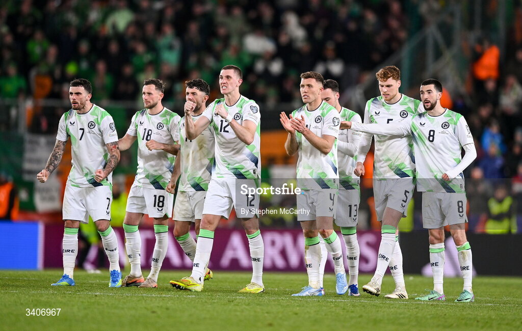 26 March 2026; Republic of Ireland players react during the penalty shootout of the FIFA World Cup 2026 European Qualifiers play-off semi-final match between Czechia and Republic of Ireland at Fortuna Arena in Prague, Czechia. Photo by Stephen McCarthy/Sportsfile