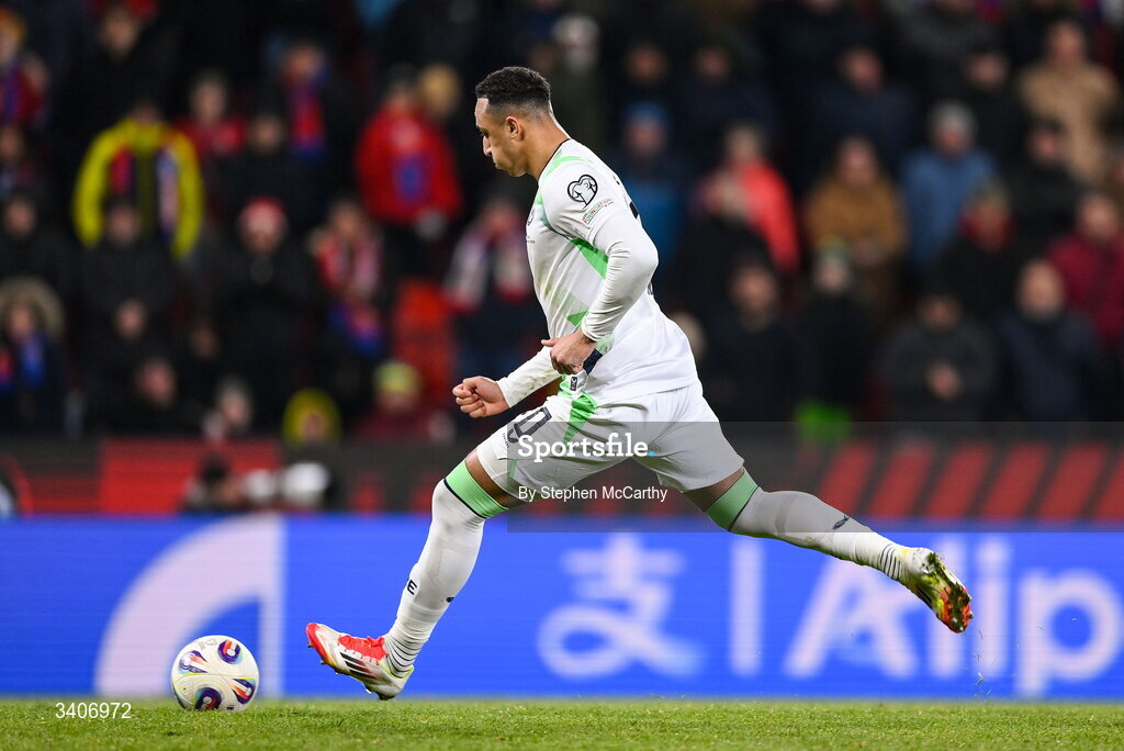 26 March 2026; Adam Idah of Republic of Ireland scores his side's second penalty during the penalty shootout of the FIFA World Cup 2026 European Qualifiers play-off semi-final match between Czechia and Republic of Ireland at Fortuna Arena in Prague, Czechia. Photo by Stephen McCarthy/Sportsfile