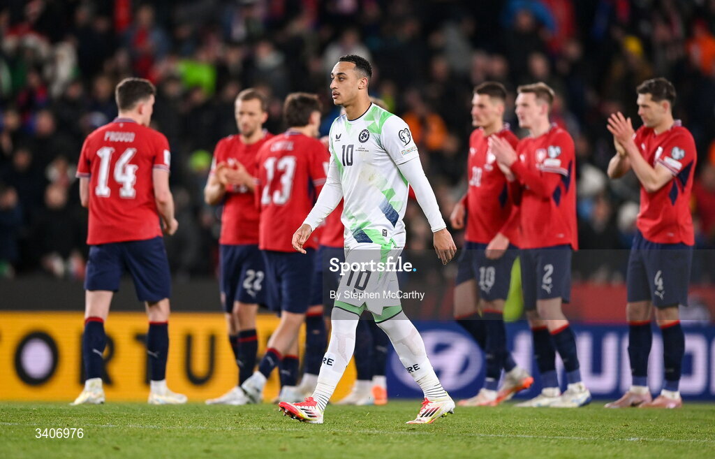 26 March 2026; Adam Idah of Republic of Ireland walks up to take his side's second penalty during the penalty shootout of the FIFA World Cup 2026 European Qualifiers play-off semi-final match between Czechia and Republic of Ireland at Fortuna Arena in Prague, Czechia. Photo by Stephen McCarthy/Sportsfile