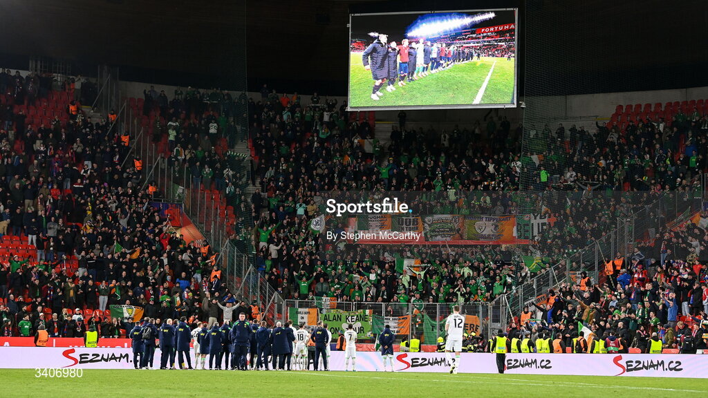 26 March 2026; Republic of Ireland players and supporters following their penalty shootout defeat in the FIFA World Cup 2026 European Qualifiers play-off semi-final match between Czechia and Republic of Ireland at Fortuna Arena in Prague, Czechia. Photo by Stephen McCarthy/Sportsfile