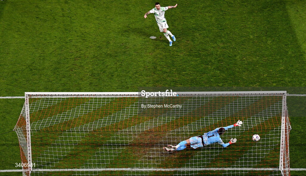 26 March 2026; Troy Parrott of Republic of Ireland scores his side's first goal, a penalty, past Czechia goalkeeper Matej Kovár during the FIFA World Cup 2026 European Qualifiers play-off semi-final match between Czechia and Republic of Ireland at Fortuna Arena in Prague, Czechia.  Photo by Stephen McCarthy/Sportsfile