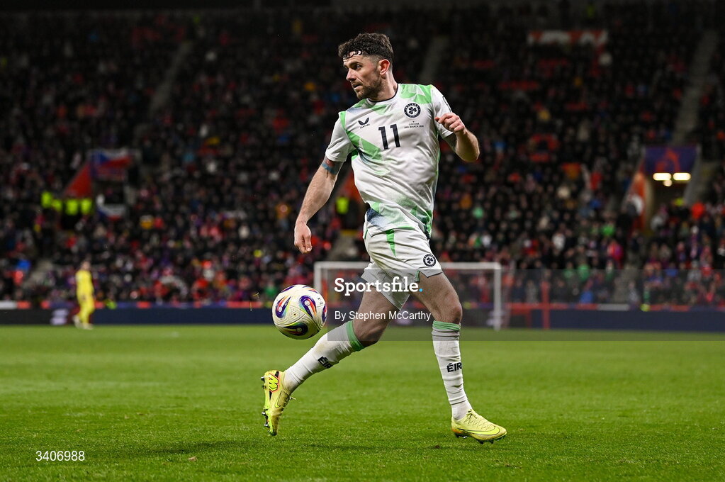 26 March 2026; Robbie Brady of Republic of Ireland during the FIFA World Cup 2026 European Qualifiers play-off semi-final match between Czechia and Republic of Ireland at Fortuna Arena in Prague, Czechia. Photo by Stephen McCarthy/Sportsfile
