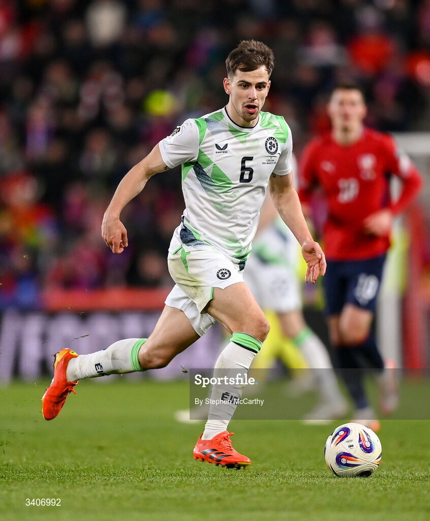 26 March 2026; Jayson Molumby of Republic of Ireland during the FIFA World Cup 2026 European Qualifiers play-off semi-final match between Czechia and Republic of Ireland at Fortuna Arena in Prague, Czechia. Photo by Stephen McCarthy/Sportsfile