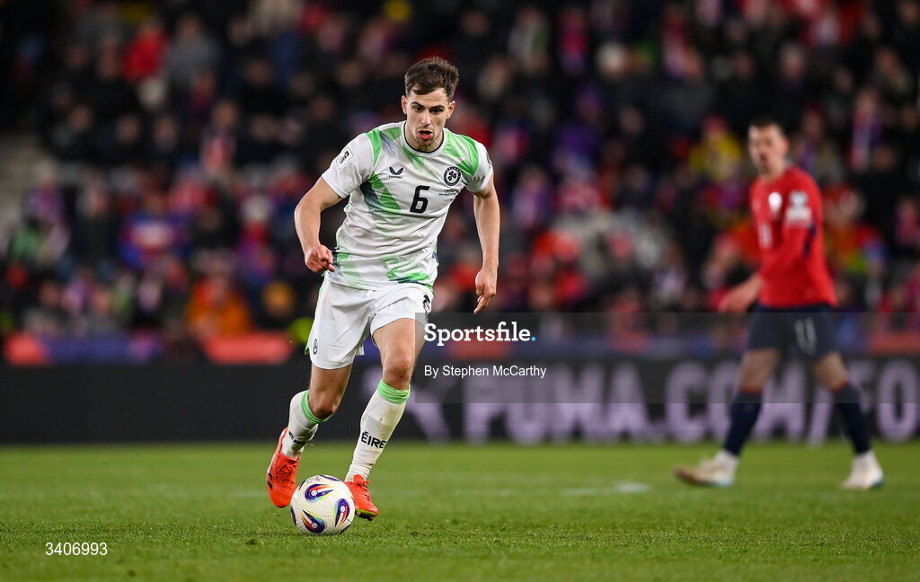 26 March 2026; Jayson Molumby of Republic of Ireland during the FIFA World Cup 2026 European Qualifiers play-off semi-final match between Czechia and Republic of Ireland at Fortuna Arena in Prague, Czechia. Photo by Stephen McCarthy/Sportsfile