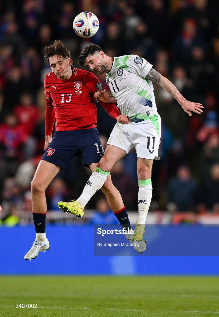 26 March 2026; Mojmír Chytil of Czechia and Robbie Brady of Republic of Ireland during the FIFA World Cup 2026 European Qualifiers play-off semi-final match between Czechia and Republic of Ireland at Fortuna Arena in Prague, Czechia. Photo by Stephen McCarthy/Sportsfile