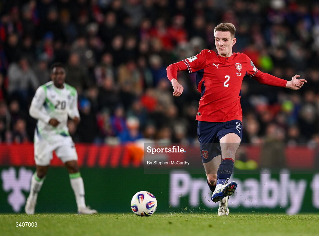 26 March 2026; Štepán Chaloupek of Czechia during the FIFA World Cup 2026 European Qualifiers play-off semi-final match between Czechia and Republic of Ireland at Fortuna Arena in Prague, Czechia. Photo by Stephen McCarthy/Sportsfile