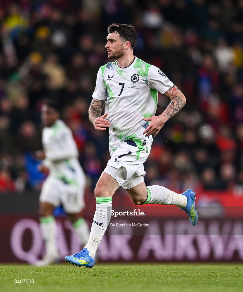 26 March 2026; Troy Parrott of Republic of Ireland during the FIFA World Cup 2026 European Qualifiers play-off semi-final match between Czechia and Republic of Ireland at Fortuna Arena in Prague, Czechia. Photo by Stephen McCarthy/Sportsfile