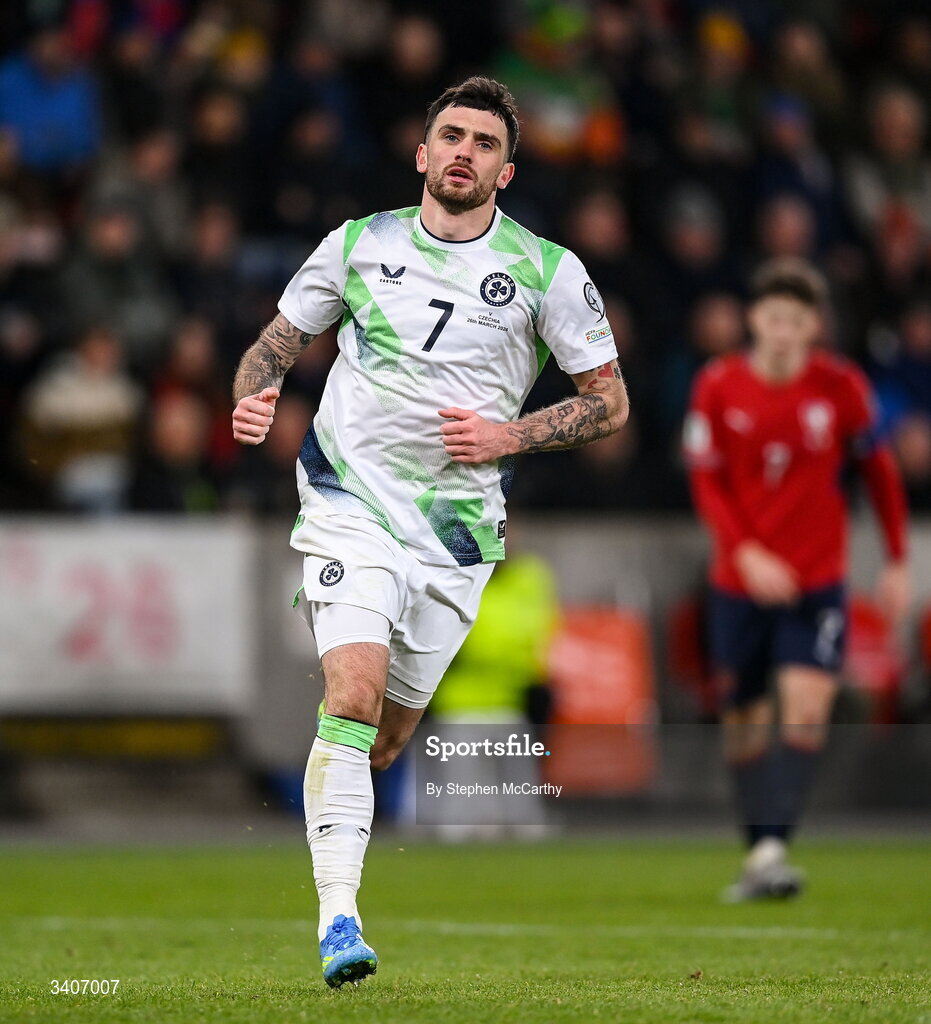 26 March 2026; Troy Parrott of Republic of Ireland during the FIFA World Cup 2026 European Qualifiers play-off semi-final match between Czechia and Republic of Ireland at Fortuna Arena in Prague, Czechia. Photo by Stephen McCarthy/Sportsfile