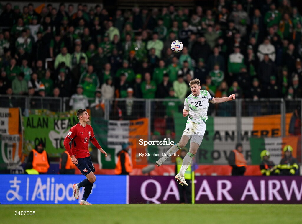 26 March 2026; Nathan Collins of Republic of Ireland during the FIFA World Cup 2026 European Qualifiers play-off semi-final match between Czechia and Republic of Ireland at Fortuna Arena in Prague, Czechia. Photo by Stephen McCarthy/Sportsfile