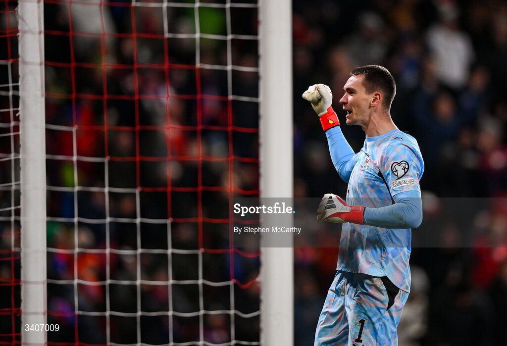 26 March 2026; Czechia goalkeeper Matej Kovár celebrates his side's first goal during the FIFA World Cup 2026 European Qualifiers play-off semi-final match between Czechia and Republic of Ireland at Fortuna Arena in Prague, Czechia. Photo by Stephen McCarthy/Sportsfile
