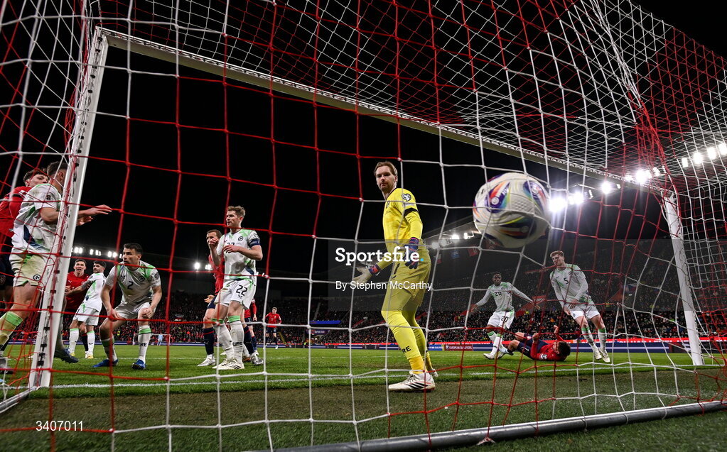 26 March 2026; Republic of Ireland goalkeeper Caoimhin Kelleher after his side conceded a second goal during the FIFA World Cup 2026 European Qualifiers play-off semi-final match between Czechia and Republic of Ireland at Fortuna Arena in Prague, Czechia.  Photo by Stephen McCarthy/Sportsfile