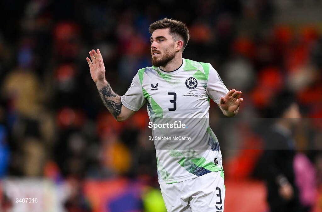 26 March 2026; Ryan Manning of Republic of Ireland during the FIFA World Cup 2026 European Qualifiers play-off semi-final match between Czechia and Republic of Ireland at Fortuna Arena in Prague, Czechia. Photo by Stephen McCarthy/Sportsfile