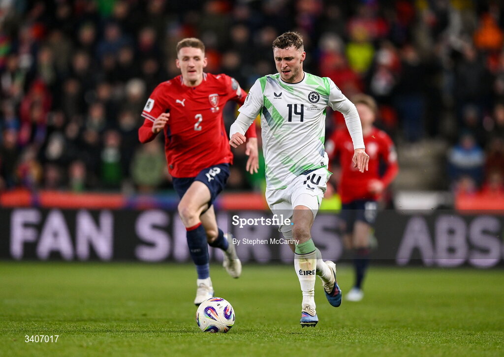 26 March 2026; Jack Taylor of Republic of Ireland during the FIFA World Cup 2026 European Qualifiers play-off semi-final match between Czechia and Republic of Ireland at Fortuna Arena in Prague, Czechia. Photo by Stephen McCarthy/Sportsfile