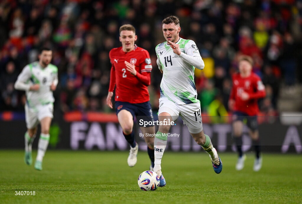 26 March 2026; Jack Taylor of Republic of Ireland during the FIFA World Cup 2026 European Qualifiers play-off semi-final match between Czechia and Republic of Ireland at Fortuna Arena in Prague, Czechia. Photo by Stephen McCarthy/Sportsfile