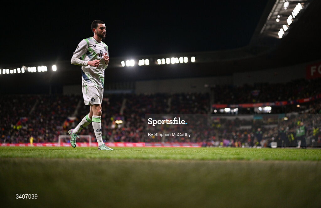 26 March 2026; Finn Azaz of Republic of Ireland during the FIFA World Cup 2026 European Qualifiers play-off semi-final match between Czechia and Republic of Ireland at Fortuna Arena in Prague, Czechia. Photo by Stephen McCarthy/Sportsfile