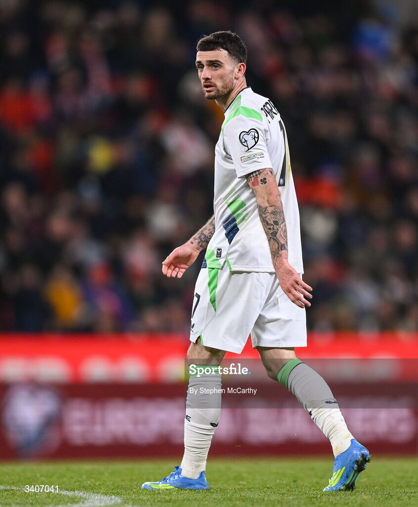 26 March 2026; Troy Parrott of Republic of Ireland during the FIFA World Cup 2026 European Qualifiers play-off semi-final match between Czechia and Republic of Ireland at Fortuna Arena in Prague, Czechia. Photo by Stephen McCarthy/Sportsfile