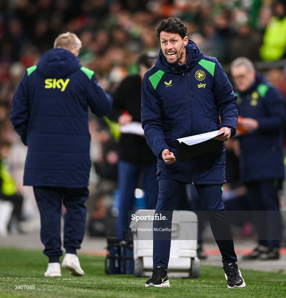 26 March 2026; Republic of Ireland assistant coach Paddy McCarthy issues instruction during the FIFA World Cup 2026 European Qualifiers play-off semi-final match between Czechia and Republic of Ireland at Fortuna Arena in Prague, Czechia. Photo by Stephen McCarthy/Sportsfile