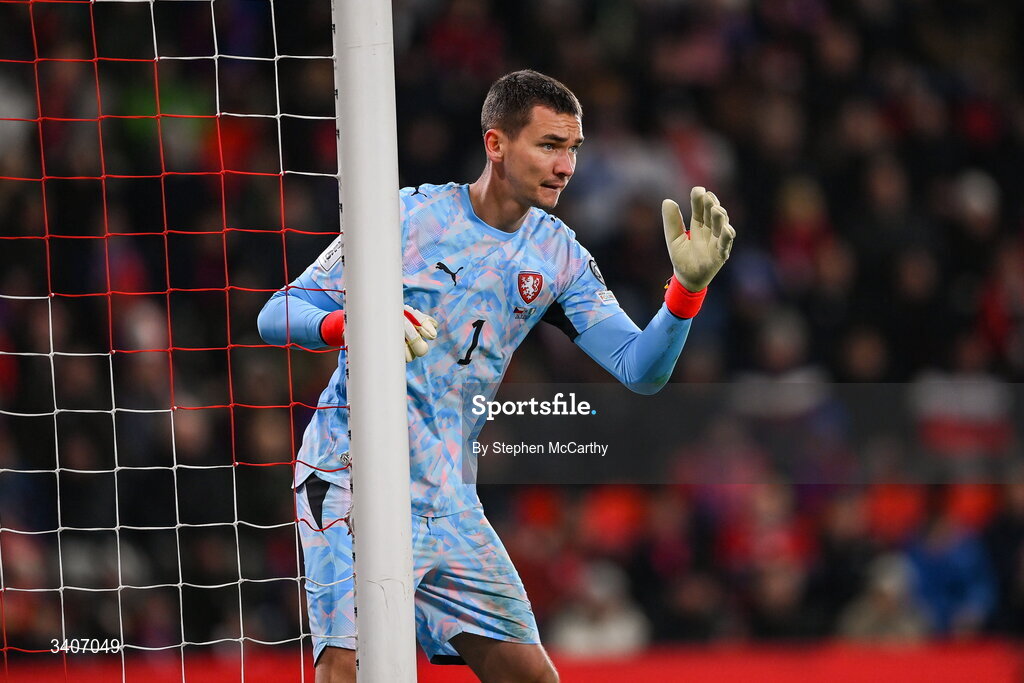 26 March 2026; Czechia goalkeeper Matej Kovár during the FIFA World Cup 2026 European Qualifiers play-off semi-final match between Czechia and Republic of Ireland at Fortuna Arena in Prague, Czechia. Photo by Stephen McCarthy/Sportsfile