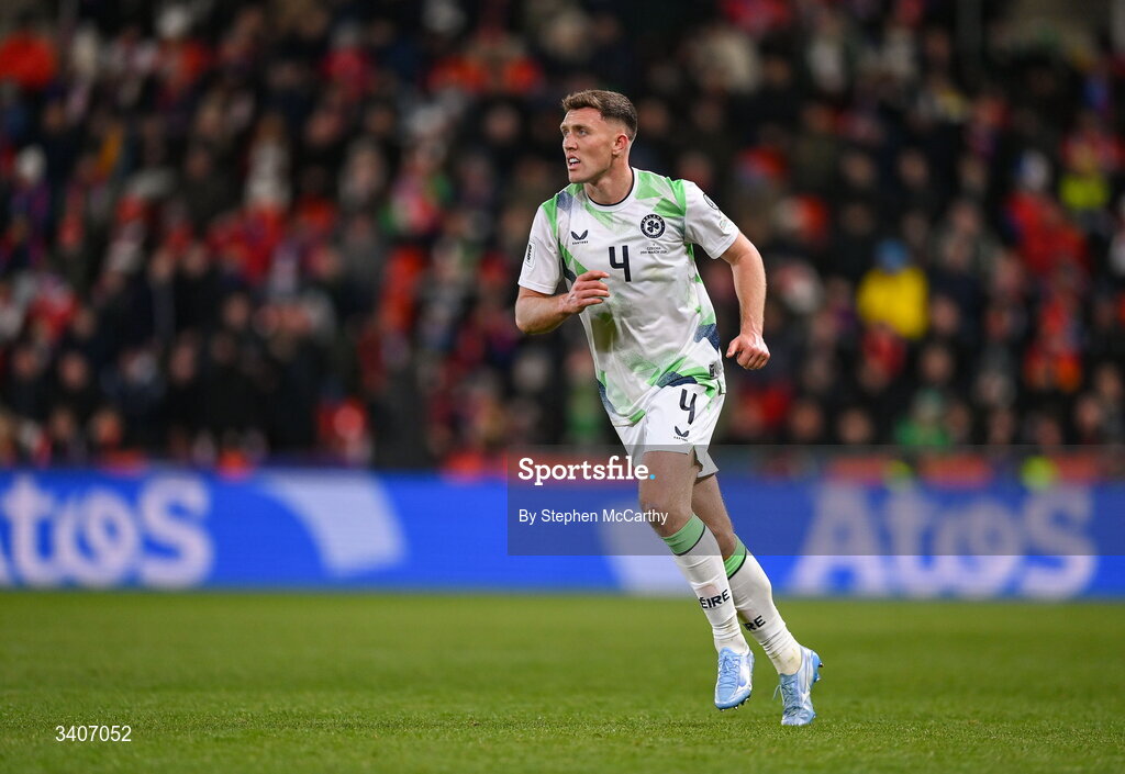 26 March 2026; Dara O'Shea of Republic of Ireland during the FIFA World Cup 2026 European Qualifiers play-off semi-final match between Czechia and Republic of Ireland at Fortuna Arena in Prague, Czechia. Photo by Stephen McCarthy/Sportsfile