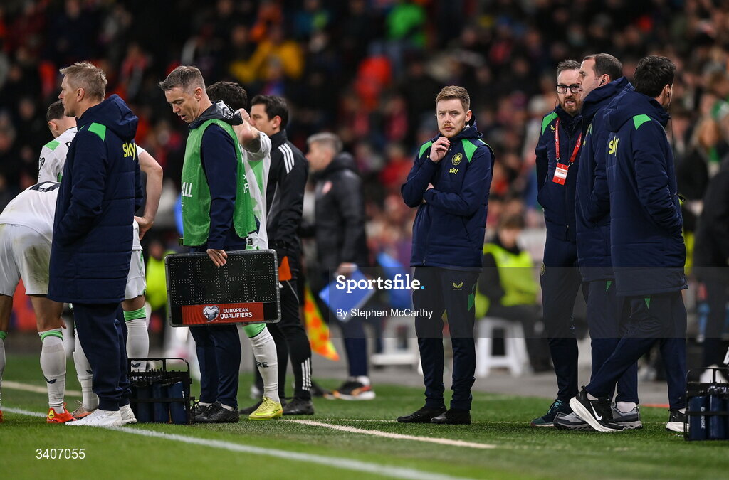 26 March 2026; Republic of Ireland athletic therapist Sam Rice during the FIFA World Cup 2026 European Qualifiers play-off semi-final match between Czechia and Republic of Ireland at Fortuna Arena in Prague, Czechia. Photo by Stephen McCarthy/Sportsfile
