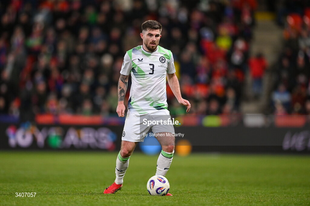 26 March 2026; Ryan Manning of Republic of Ireland during the FIFA World Cup 2026 European Qualifiers play-off semi-final match between Czechia and Republic of Ireland at Fortuna Arena in Prague, Czechia. Photo by Stephen McCarthy/Sportsfile