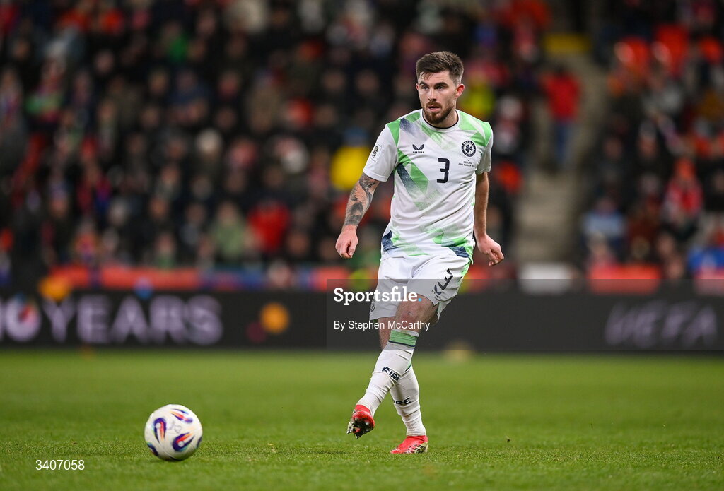 26 March 2026; Ryan Manning of Republic of Ireland during the FIFA World Cup 2026 European Qualifiers play-off semi-final match between Czechia and Republic of Ireland at Fortuna Arena in Prague, Czechia. Photo by Stephen McCarthy/Sportsfile