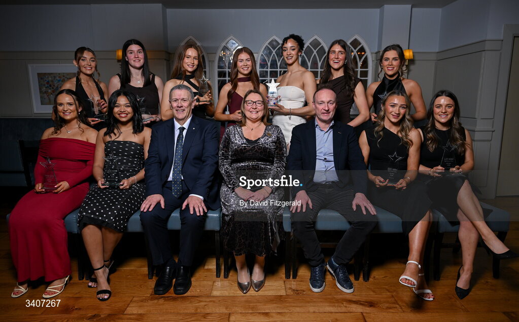 27 March 2026; The 2026 AIG HEC All Stars team with Seán Fleming, Chairperson Ladies HEC; John Gillick, Head of Consumer Marketing and Sponsorship, AIG Ireland; and Ladies Gaelic Football Association President Trina Murray, at the 2026 AIG HEC All-Stars and Rising Stars evening, at the Dublin Bonnington Hotel. Photo by David Fitzgerald/Sportsfile