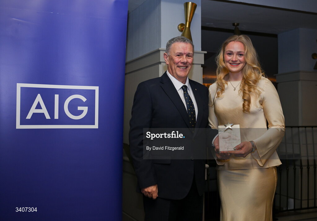 27 March 2026; Ellyanna Madden of SETU Carlow is presented with her 2026 AIG HEC Rising Stars award by Seán Fleming, Chairperson Ladies HEC at the 2026 AIG HEC All-Stars and Rising Stars evening, at the Dublin Bonnington Hotel. Photo by David Fitzgerald/Sportsfile