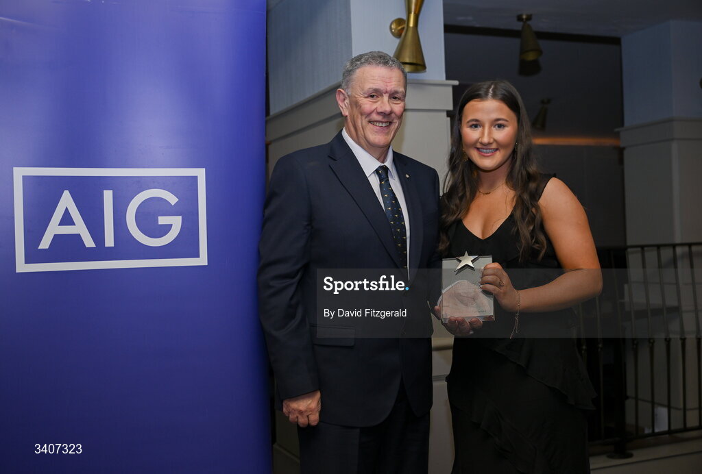 27 March 2026; Áine McNamara of TUS Midwest is presented with her 2026 AIG HEC Rising Stars award by Seán Fleming, Chairperson Ladies HEC at the 2026 AIG HEC All-Stars and Rising Stars evening, at the Dublin Bonnington Hotel. Photo by David Fitzgerald/Sportsfile