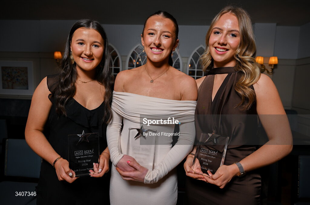 27 March 2026; TUS Midwest players Caoimhe McCabe, Aimee Savage and Áine McNamara with their HEC Rising Stars awards at the 2026 AIG HEC All-Stars and Rising Stars evening, at the Dublin Bonnington Hotel. Photo by David Fitzgerald/Sportsfile