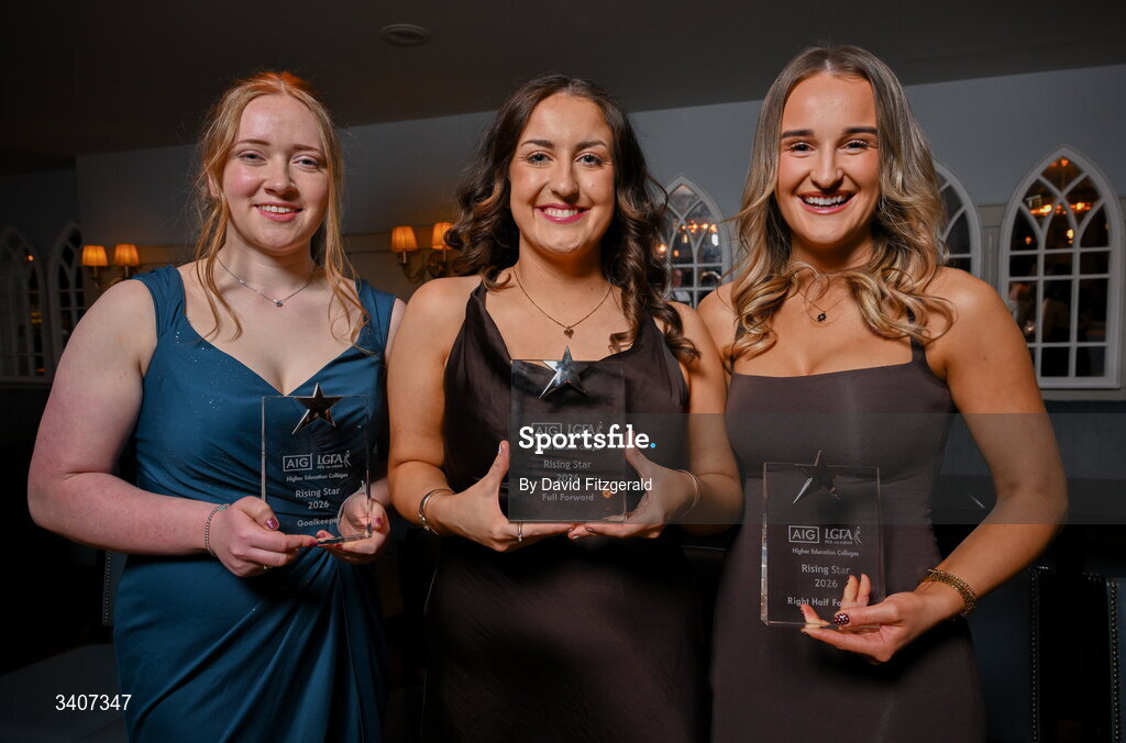 27 March 2026; Coventry University players Anna Draper, Caoimhe Connor and Leah Conway with their HEC Rising Stars awards at the 2026 AIG HEC All-Stars and Rising Stars evening, at the Dublin Bonnington Hotel. Photo by David Fitzgerald/Sportsfile