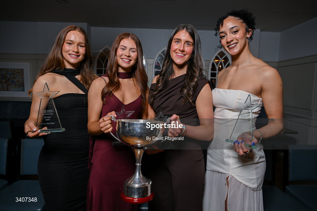 27 March 2026; TUD players Gráinne Gavin, Niamh Divilly, Ciara Smyth and Caiomhe Cregg with their HEC All Stars awards at the 2026 AIG HEC All-Stars and Rising Stars evening, at the Dublin Bonnington Hotel. Photo by David Fitzgerald/Sportsfile