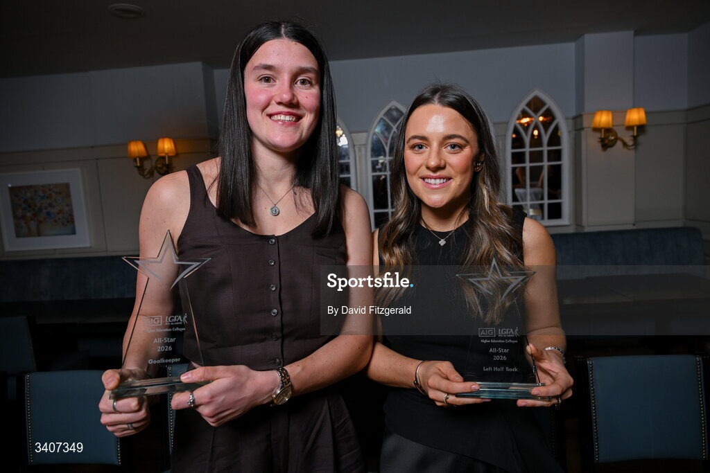 27 March 2026; UCD players Anna Dunlea and Lauren Murtagh with their HEC All Stars awards at the 2026 AIG HEC All-Stars and Rising Stars evening, at the Dublin Bonnington Hotel. Photo by David Fitzgerald/Sportsfile