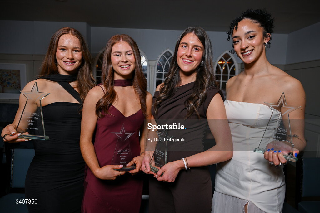 27 March 2026; TUD players Gráinne Gavin, Niamh Divilly, Ciara Smyth and Caiomhe Cregg with their HEC All Stars awards at the 2026 AIG HEC All-Stars and Rising Stars evening, at the Dublin Bonnington Hotel. Photo by David Fitzgerald/Sportsfile