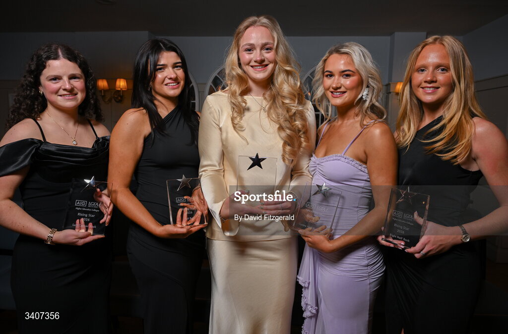 27 March 2026; SETU Carlow players Grace Moore, Aoibhe Ryan, Sofia Kerr, Ellyanna Madden and Caoimhe Sheehan with their HEC Rising Stars awards at the 2026 AIG HEC All-Stars and Rising Stars evening, at the Dublin Bonnington Hotel. Photo by David Fitzgerald/Sportsfile