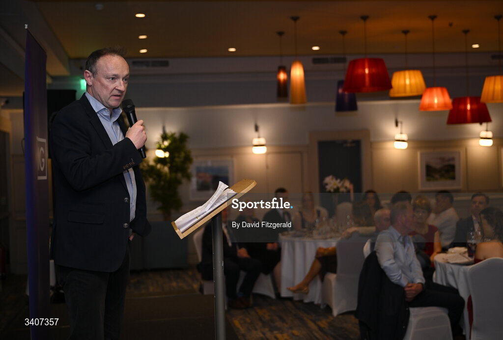 27 March 2026; John Gillick, Head of Consumer Marketing and Sponsorship, AIG Ireland speaking at the 2026 AIG HEC All-Stars and Rising Stars evening, at the Dublin Bonnington Hotel. Photo by David Fitzgerald/Sportsfile
