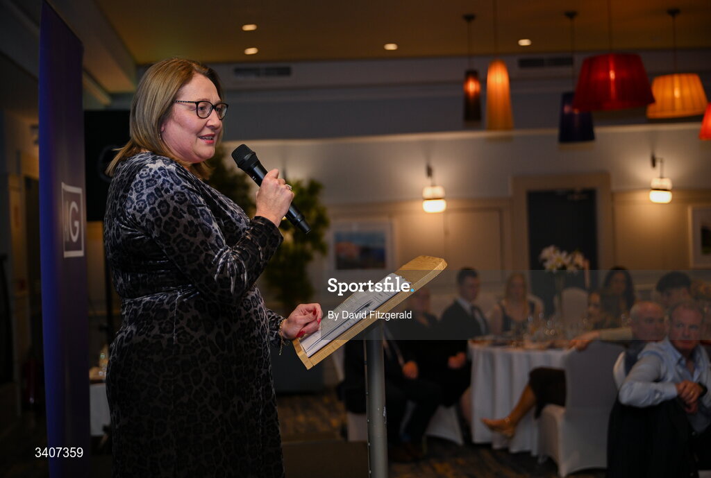 27 March 2026; Ladies Gaelic Football Association President Trina Murray speaking at the 2026 AIG HEC All-Stars and Rising Stars evening, at the Dublin Bonnington Hotel. Photo by David Fitzgerald/Sportsfile