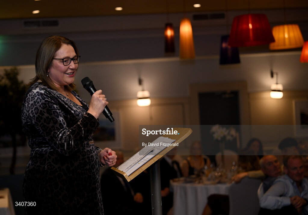27 March 2026; Ladies Gaelic Football Association President Trina Murray speaking at the 2026 AIG HEC All-Stars and Rising Stars evening, at the Dublin Bonnington Hotel. Photo by David Fitzgerald/Sportsfile