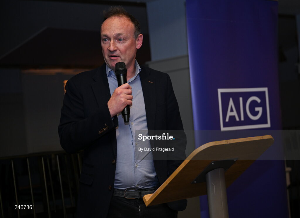 27 March 2026; John Gillick, Head of Consumer Marketing and Sponsorship, AIG Ireland speaking at the 2026 AIG HEC All-Stars and Rising Stars evening, at the Dublin Bonnington Hotel. Photo by David Fitzgerald/Sportsfile