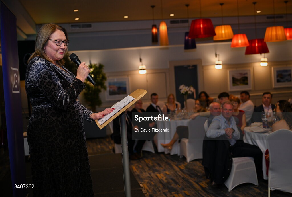 27 March 2026; Ladies Gaelic Football Association President Trina Murray speaking at the 2026 AIG HEC All-Stars and Rising Stars evening, at the Dublin Bonnington Hotel. Photo by David Fitzgerald/Sportsfile