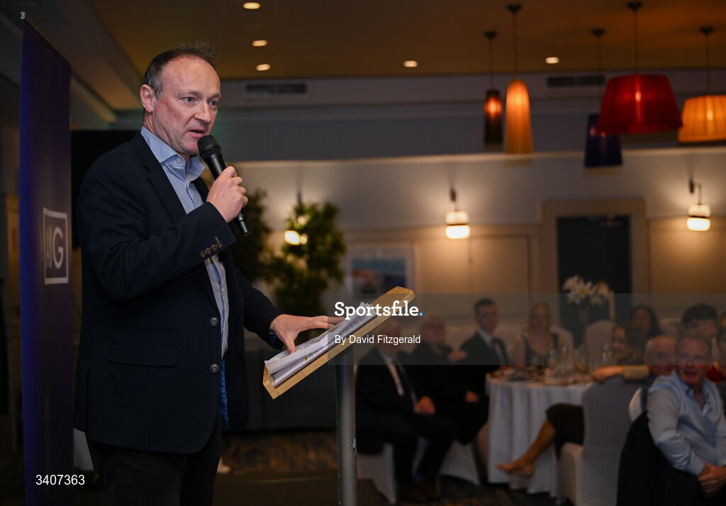 27 March 2026; John Gillick, Head of Consumer Marketing and Sponsorship, AIG Ireland speaking at the 2026 AIG HEC All-Stars and Rising Stars evening, at the Dublin Bonnington Hotel. Photo by David Fitzgerald/Sportsfile