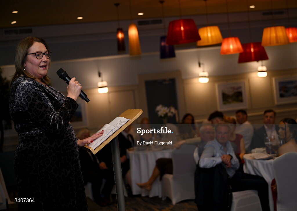 27 March 2026; Ladies Gaelic Football Association President Trina Murray speaking at the 2026 AIG HEC All-Stars and Rising Stars evening, at the Dublin Bonnington Hotel. Photo by David Fitzgerald/Sportsfile