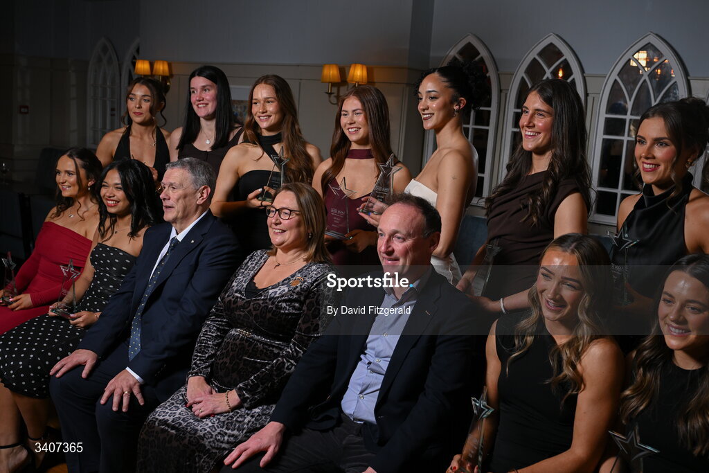 27 March 2026; The 2026 AIG HEC All Stars team with Seán Fleming, Chairperson Ladies HEC; John Gillick, Head of Consumer Marketing and Sponsorship, AIG Ireland; and Ladies Gaelic Football Association President Trina Murray, at the 2026 AIG HEC All-Stars and Rising Stars evening, at the Dublin Bonnington Hotel. Photo by David Fitzgerald/Sportsfile