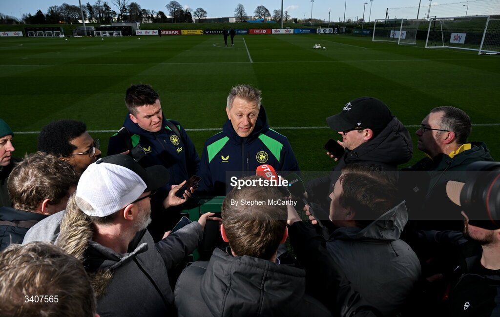 28 March 2026; Head coach Heimir Hallgrimsson speaks to media, accompanied by communications manager Kieran Crowley before a Republic of Ireland men's training session at the FAI National Training Centre in Abbotstown, Dublin. Photo by Stephen McCarthy/Sportsfile