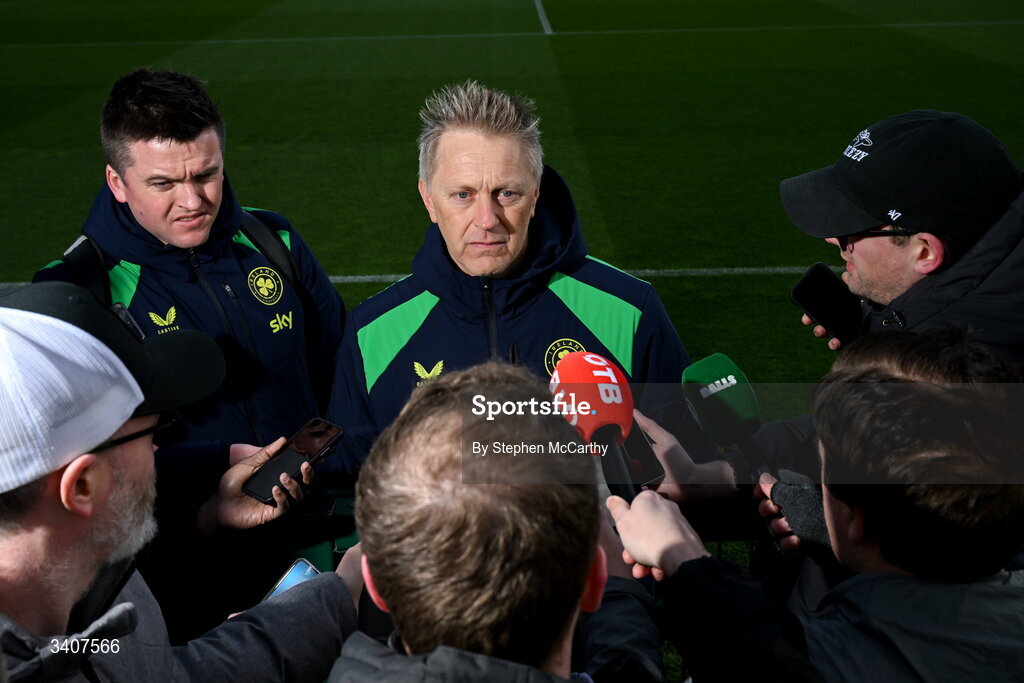 28 March 2026; Head coach Heimir Hallgrimsson speaks to media, accompanied by communications manager Kieran Crowley before a Republic of Ireland men's training session at the FAI National Training Centre in Abbotstown, Dublin. Photo by Stephen McCarthy/Sportsfile