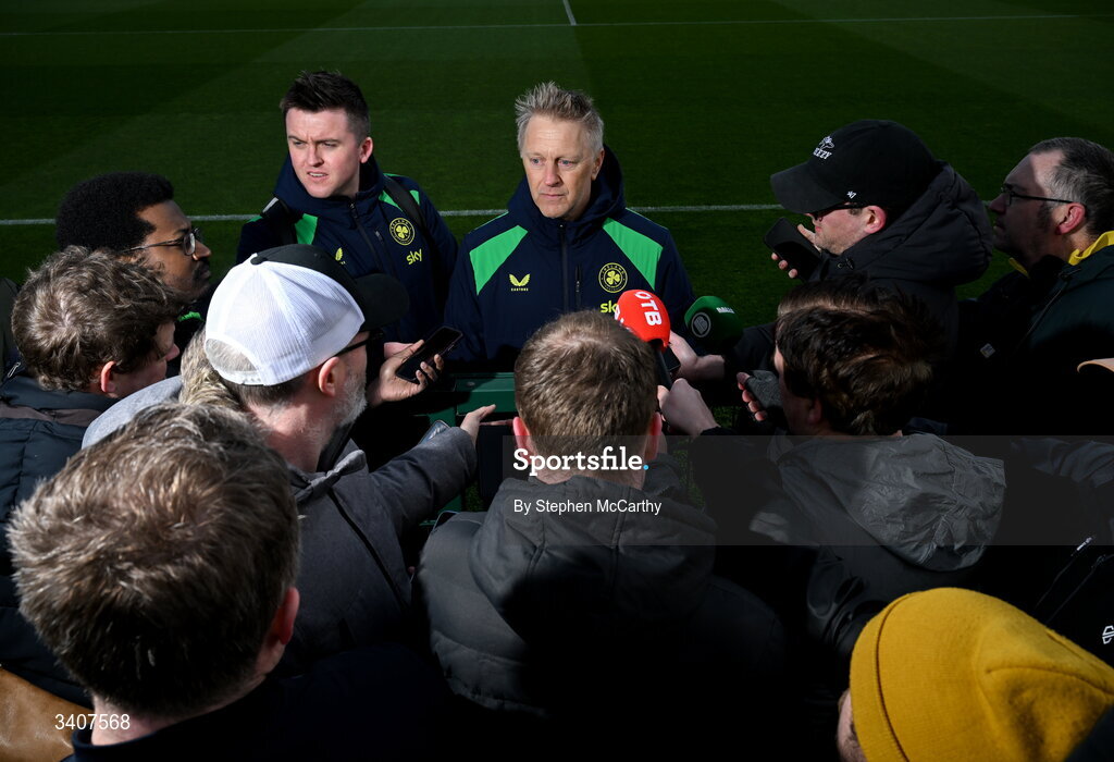 28 March 2026; Head coach Heimir Hallgrimsson speaks to media, accompanied by communications manager Kieran Crowley before a Republic of Ireland men's training session at the FAI National Training Centre in Abbotstown, Dublin. Photo by Stephen McCarthy/Sportsfile