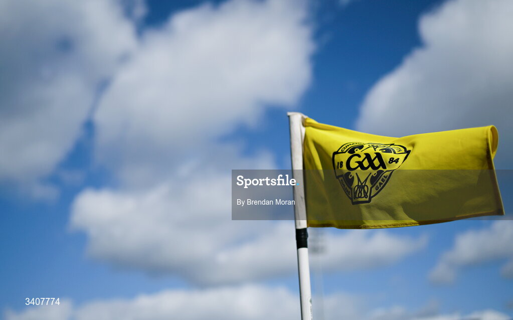 28 March 2026; A sideline flag flies in the wind before the Allianz Hurling League Division 2 final match between Laois and Kerry at Laois Hire O'Moore Park in Portlaoise, Laois. Photo by Brendan Moran/Sportsfile